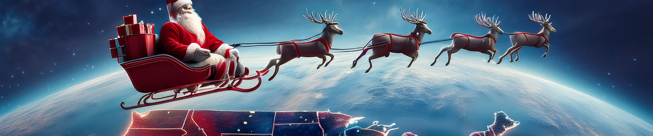 Santa Claus in a sleigh pulled by reindeer over Earth